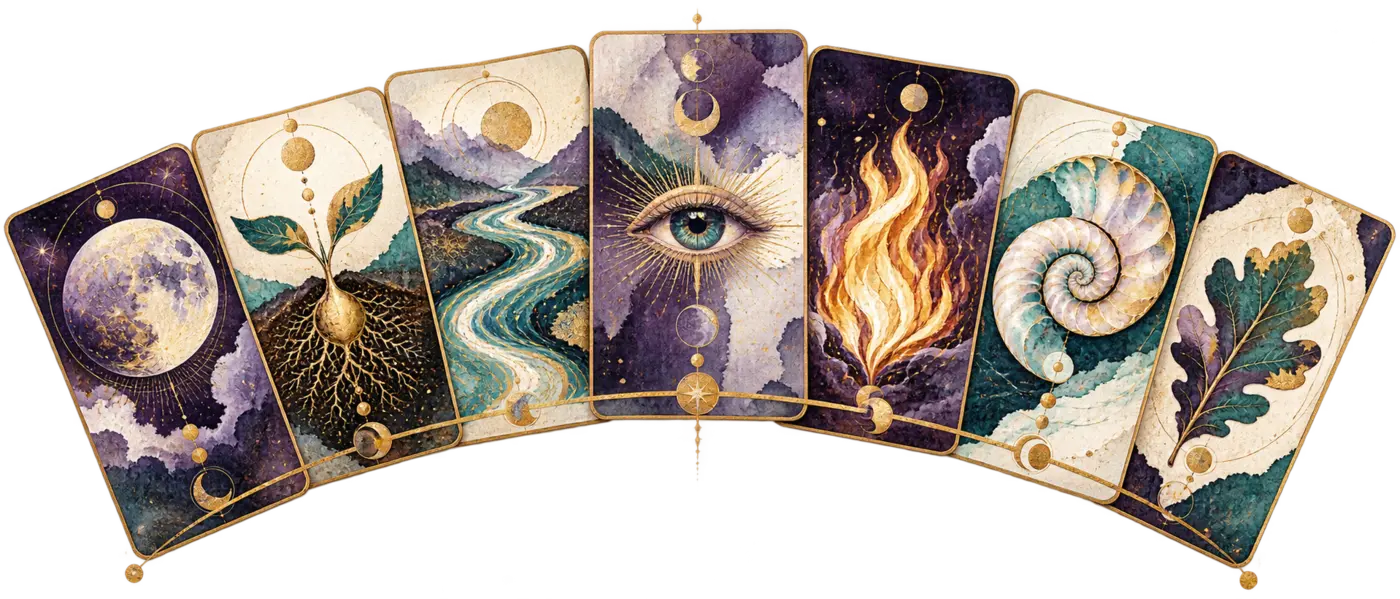 A fan of individually illustrated oracle cards