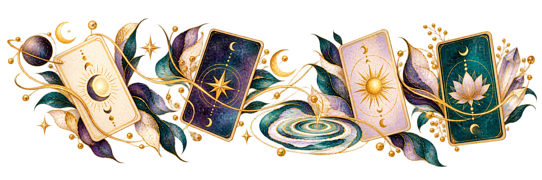 Four distinct oracle card worlds intertwined through leaves, stars and flowing gold threads